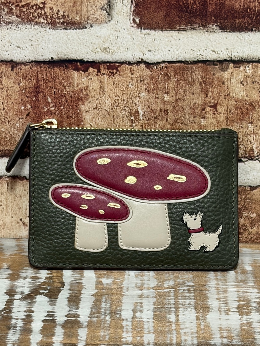 Radley London “Mushroom Mate” Dark Olive Green Leather Coin Card Sleeve - NWOT